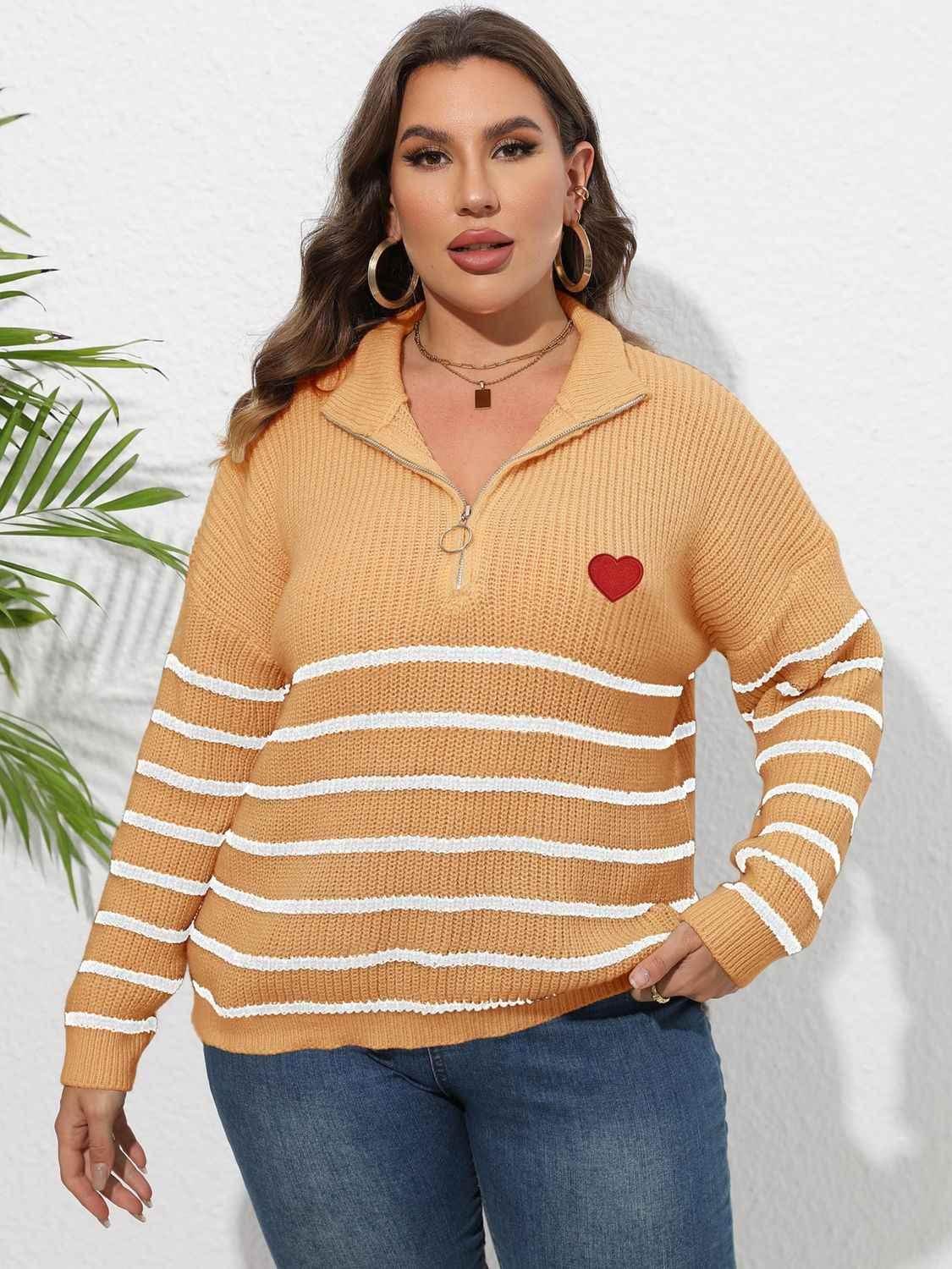 Plus Size Zip-Up Striped Sweater women Attire by Trendsi