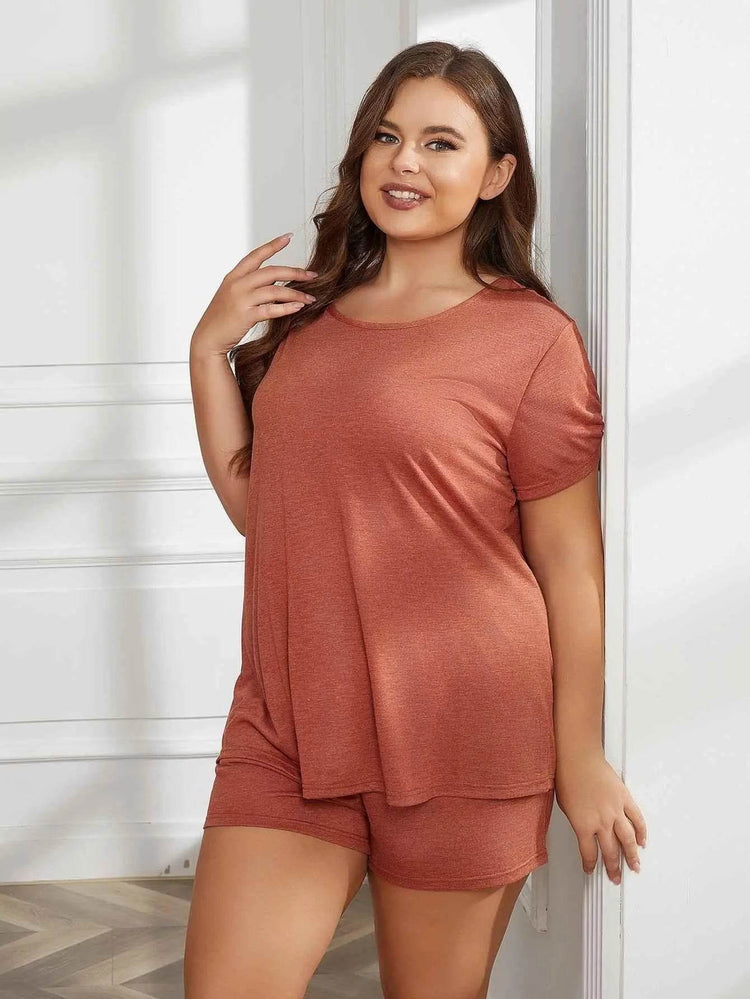 Plus Size Round Neck Short Sleeve Two-Piece Loungewear Set women Attire by Trendsi