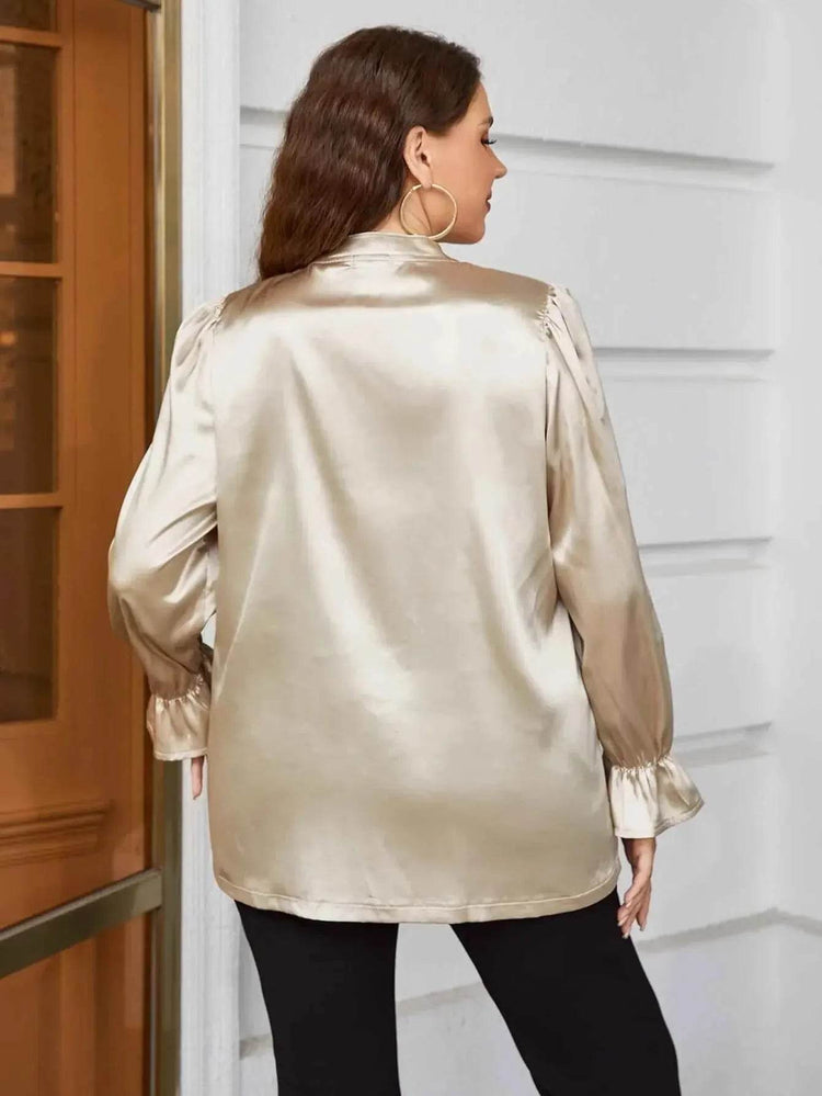 Plus Size Flounce Sleeve Band Collar Shirt women Attire by Trendsi