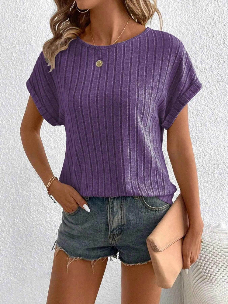 Plus Size Ribbed Texture Short Sleeve T-Shirt women Attire by Trendsi