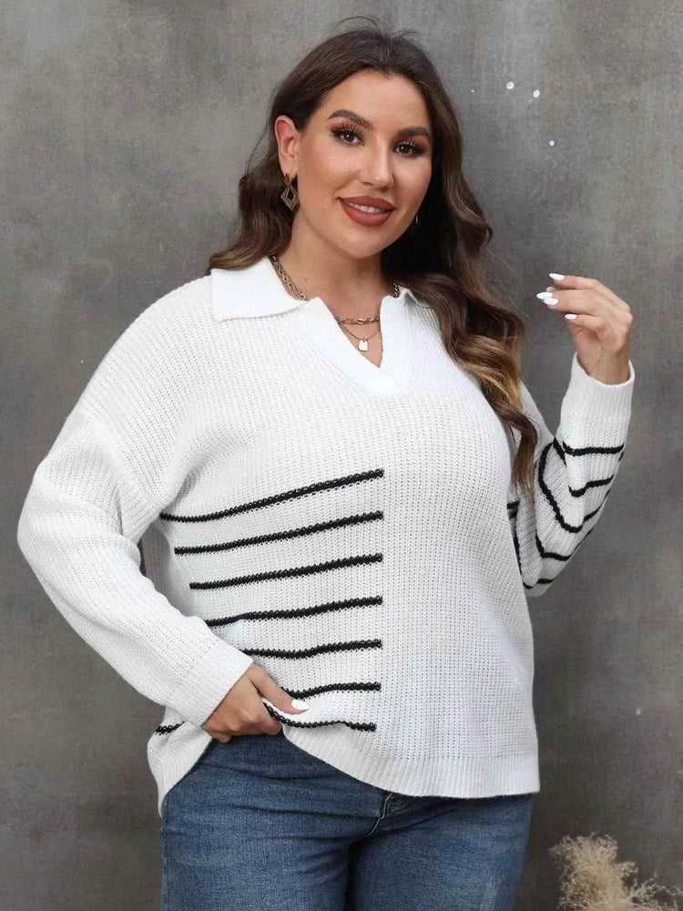 Plus Size Striped V-Neck Sweater women Attire by Trendsi