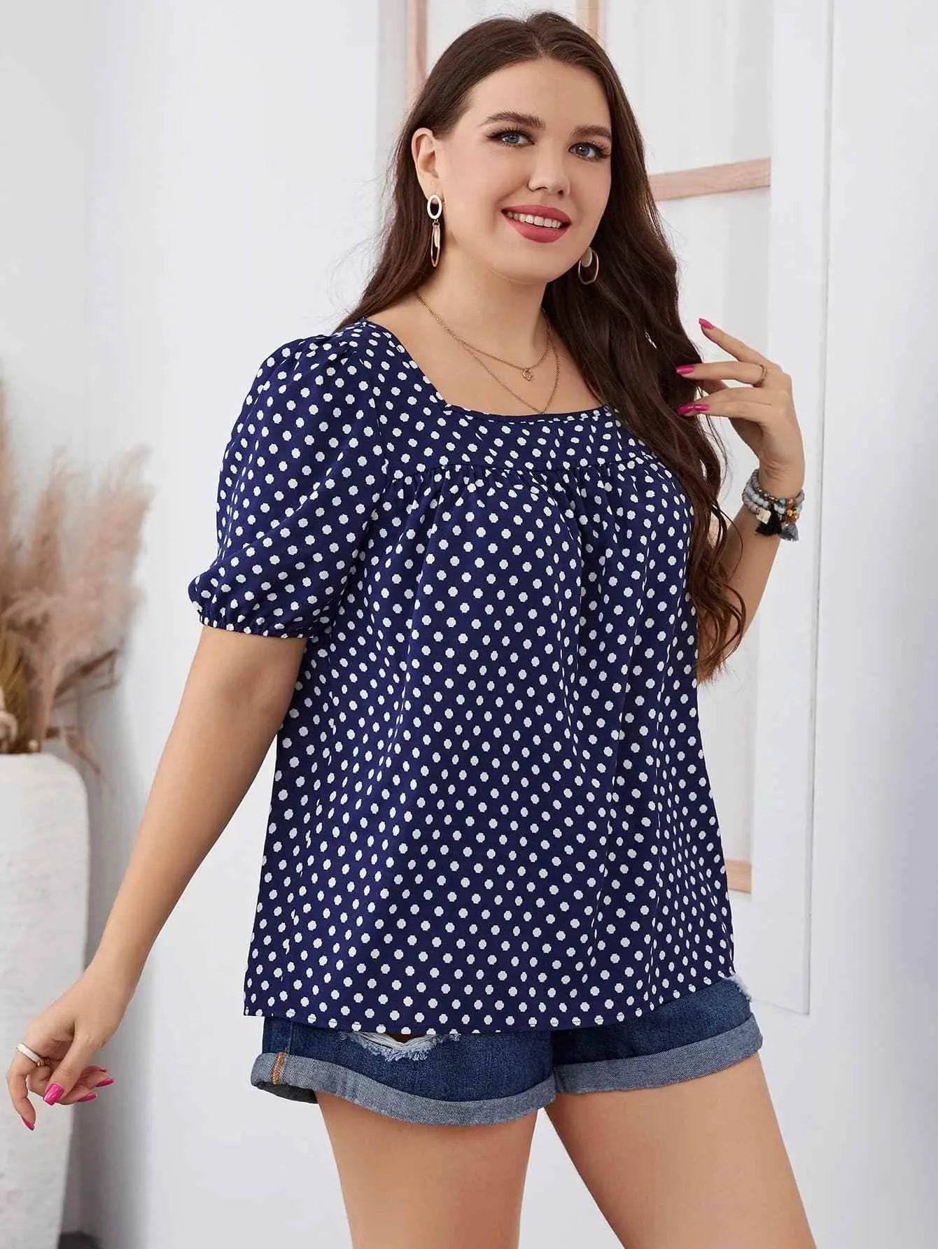 Honey Plus Size Polka Dot Square Neck Blouse women Attire by Trendsi