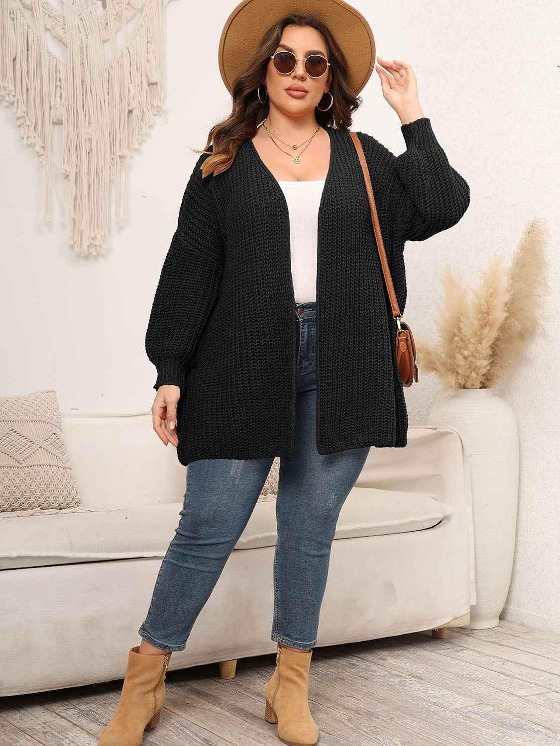 Plus Size Open Front Dropped Shoulder Knit Cardigan women Attire by Trendsi