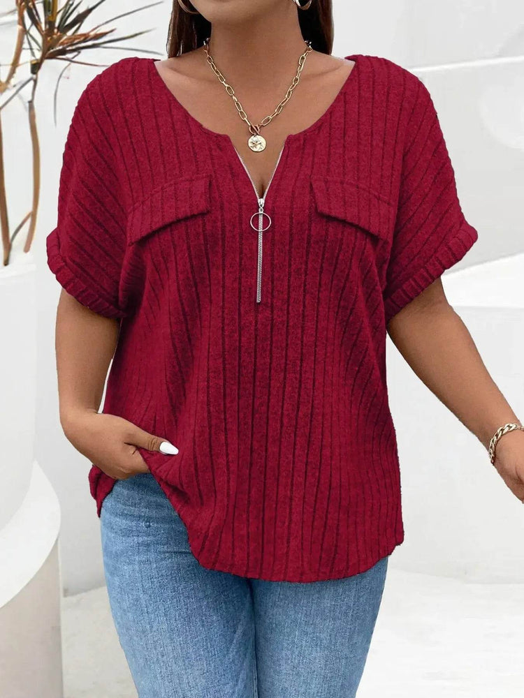 Plus Size Ribbed Half Zip Relaxed Fit T-Shirt women Attire by Trendsi