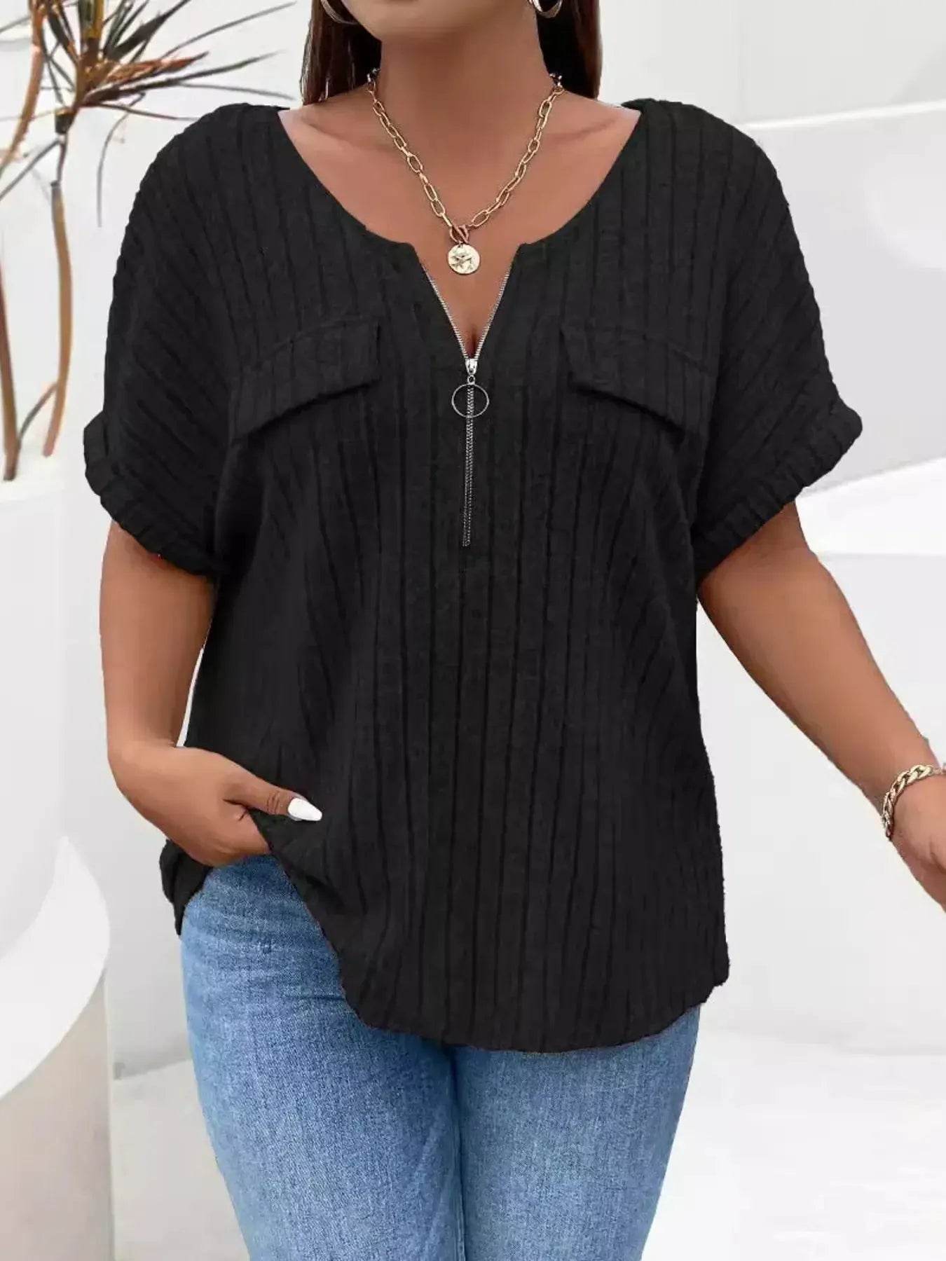 Plus Size Ribbed Half Zip Relaxed Fit T-Shirt women Attire by Trendsi
