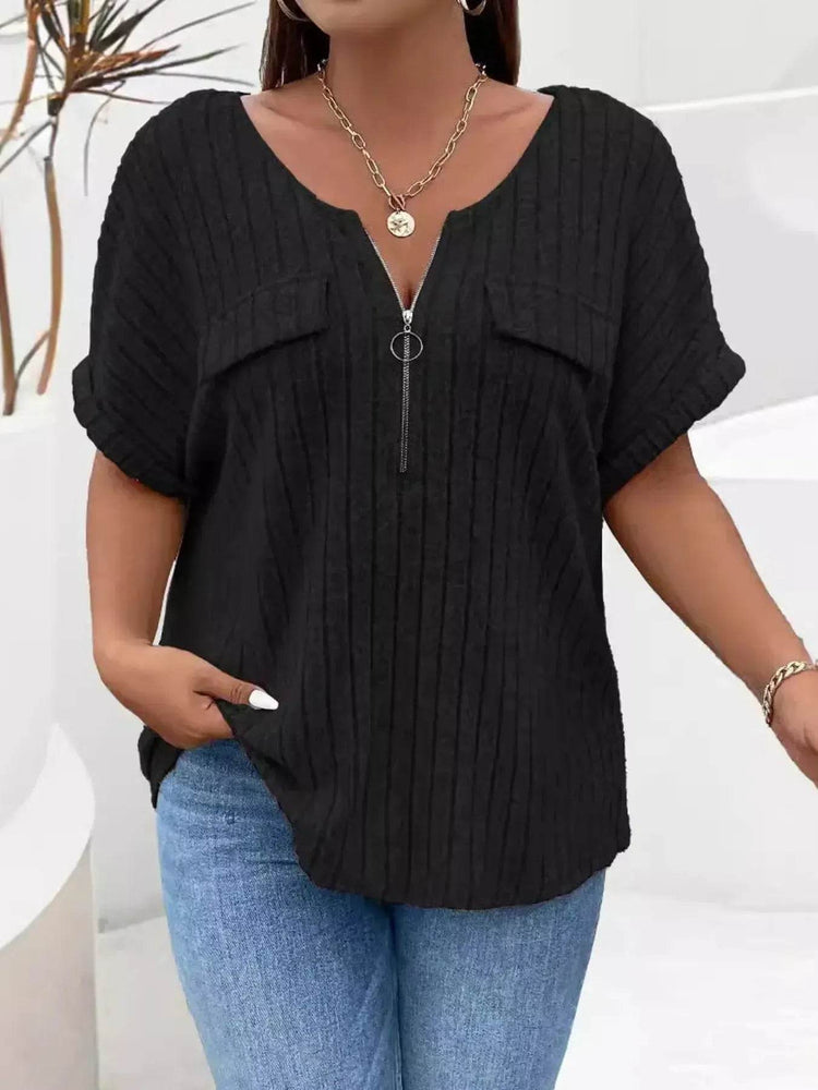Plus Size Ribbed Half Zip Relaxed Fit T-Shirt women Attire by Trendsi