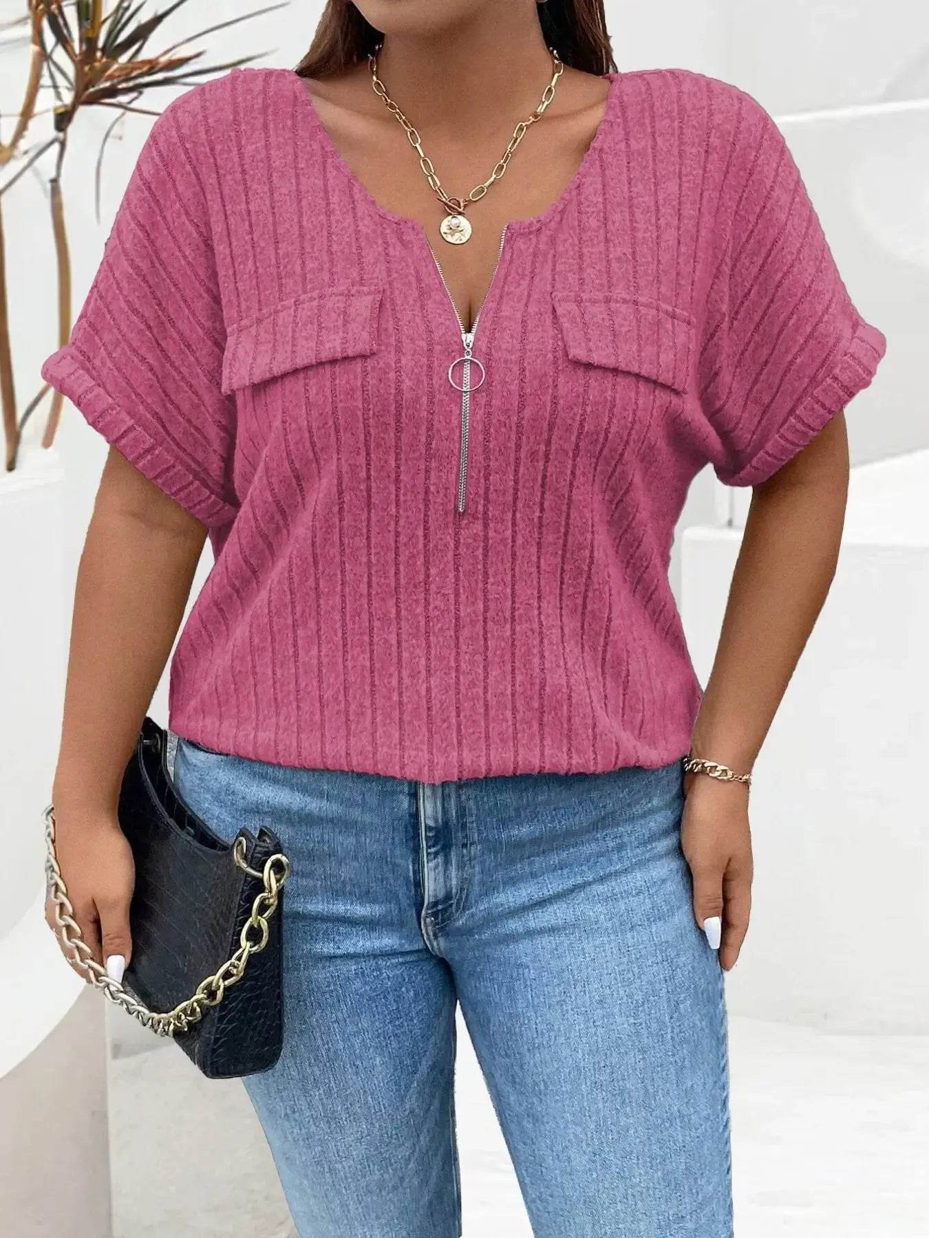 Plus Size Ribbed Half Zip Relaxed Fit T-Shirt women Attire by Trendsi
