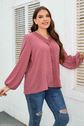 Honey Melo Apparel Plus Size Lace Trim V-Neck Balloon Sleeve Blouse women Attire by Trendsi