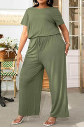 Plus Size Drawstring Waist Short Sleeve Jumpsuit women Attire by Trendsi