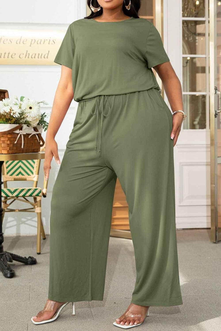 Plus Size Drawstring Waist Short Sleeve Jumpsuit women Attire by Trendsi