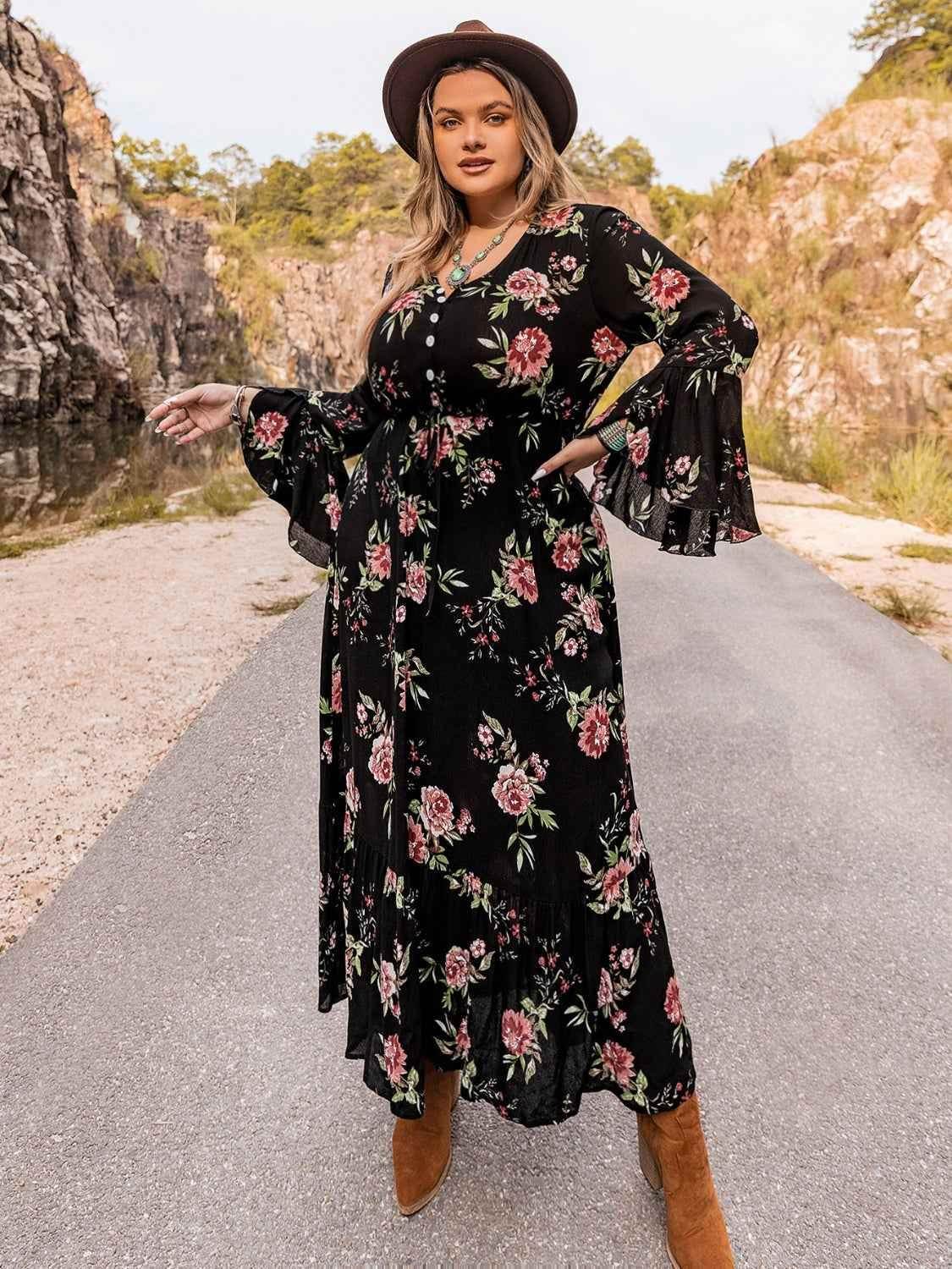 Plus Size Floral Flare Sleeve Dress women Attire by Trendsi