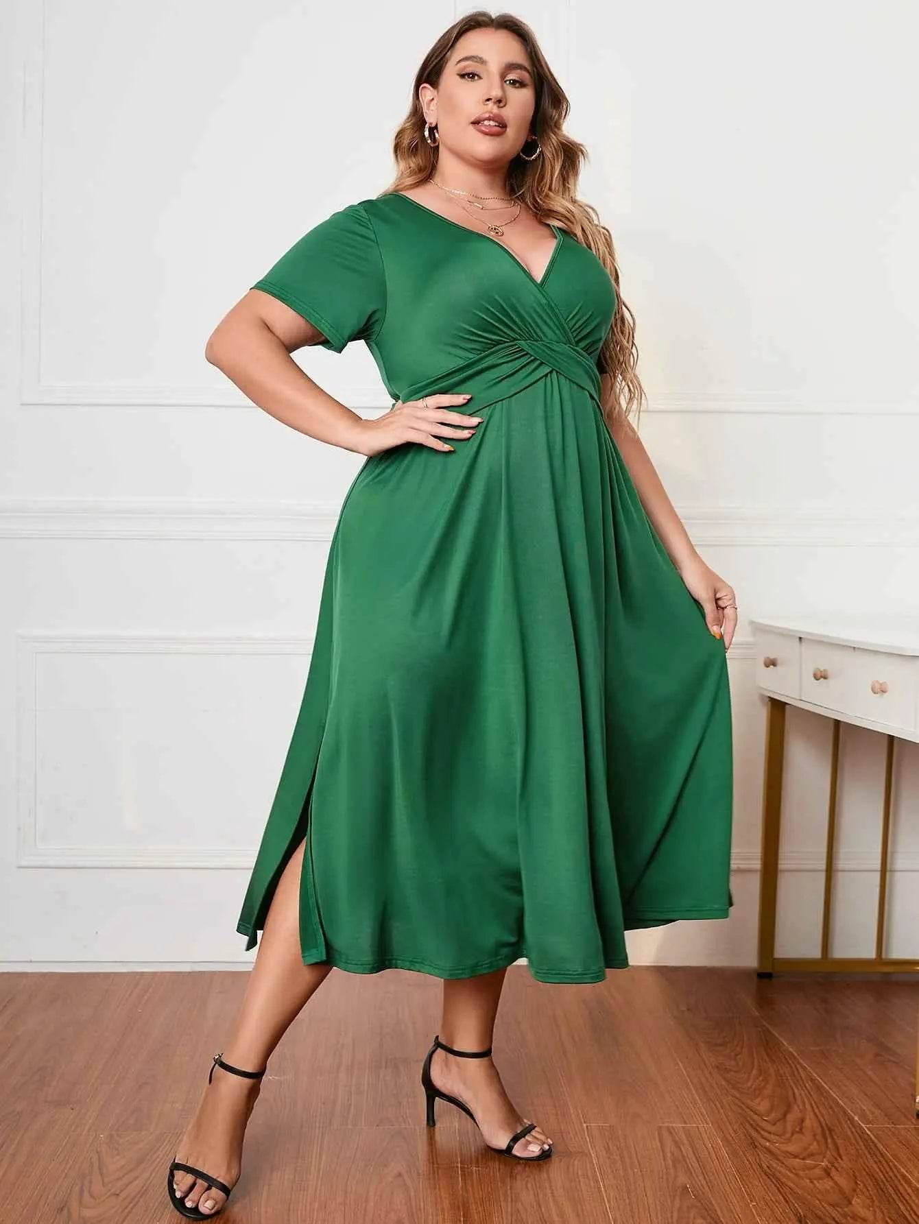 Honey Plus Size Short Sleeve Surplice Neck Midi Dress women Attire by Trendsi
