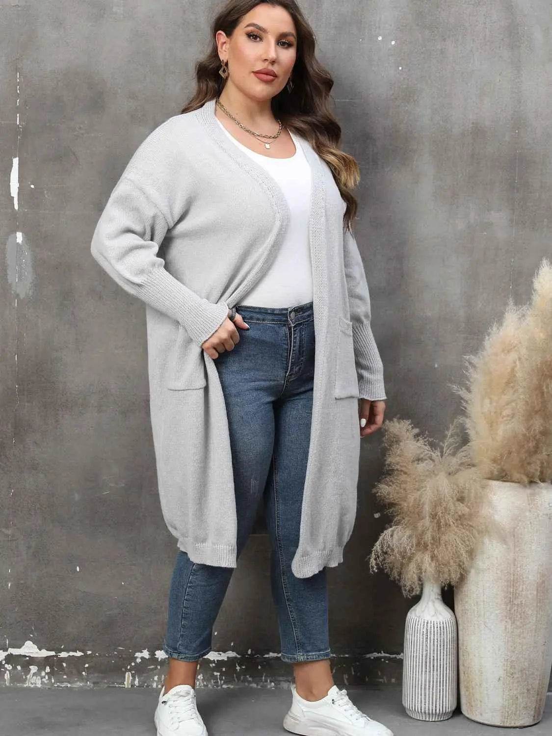 Plus Size Long Sleeve Pocketed Cardigan women Attire by Trendsi
