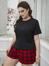Plus Size Round Neck Tee Shirt and Plaid Shorts Lounge Set women Attire by Trendsi