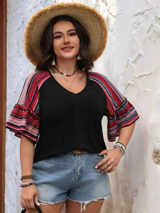 Plus Size V-Neck Flounce Sleeve Top women Attire by Trendsi