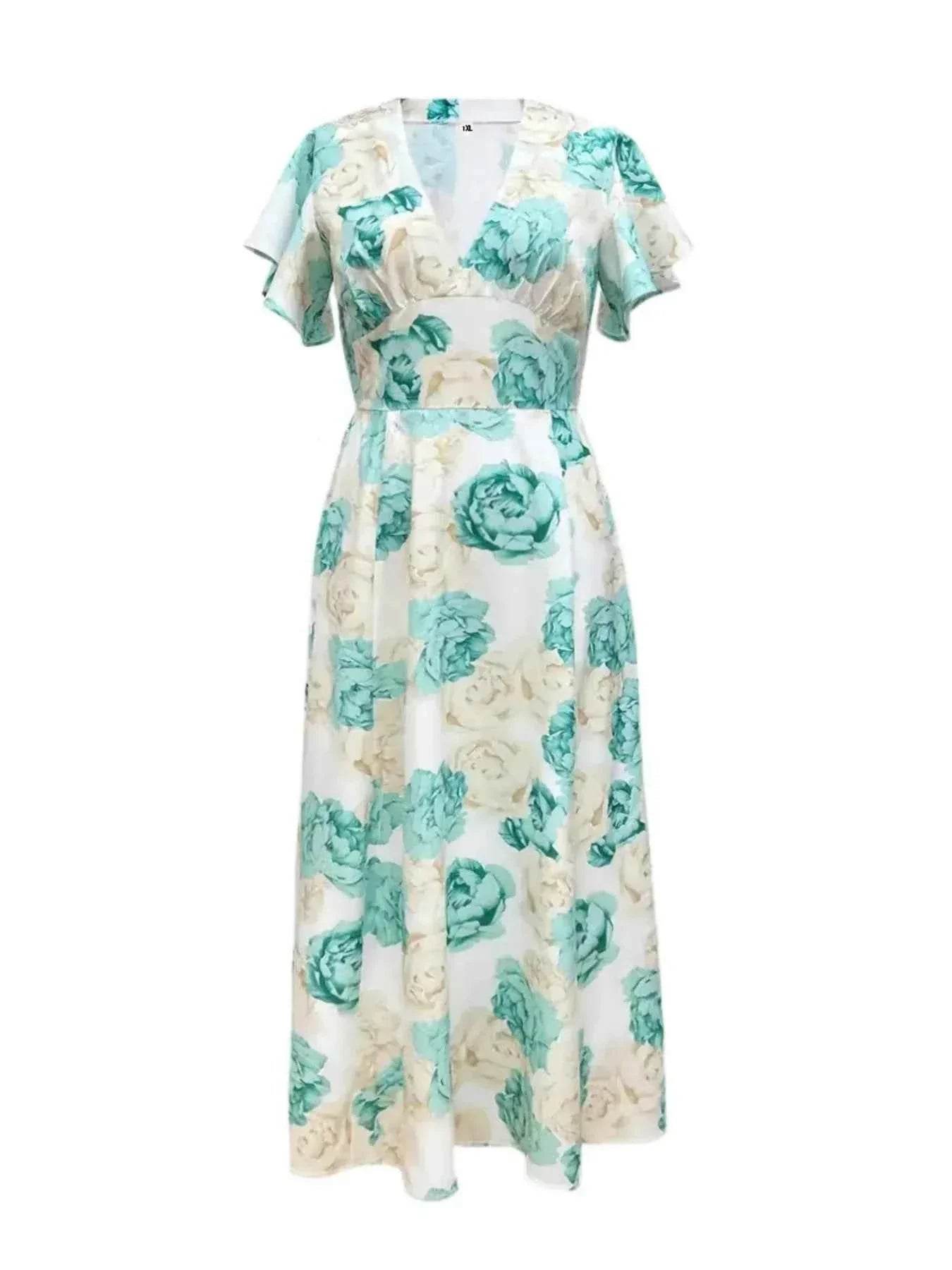 Plus Size Floral Print V-Neck Maxi Dress with Flutter Sleeves women Attire by Trendsi