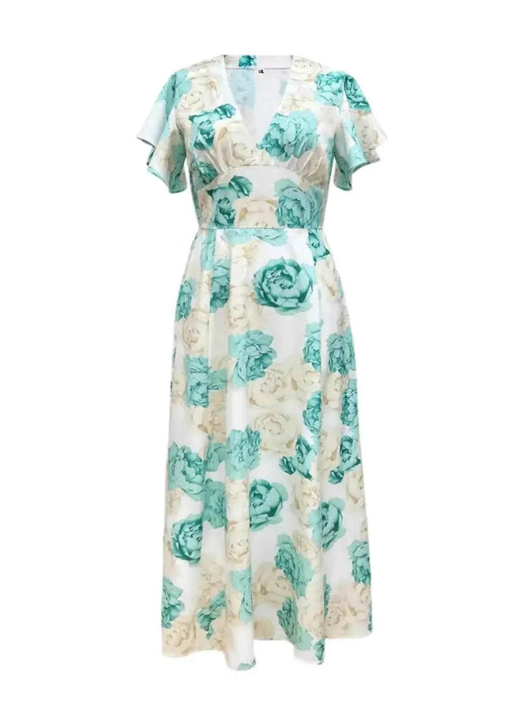 Plus Size Floral Print V-Neck Maxi Dress with Flutter Sleeves women Attire by Trendsi