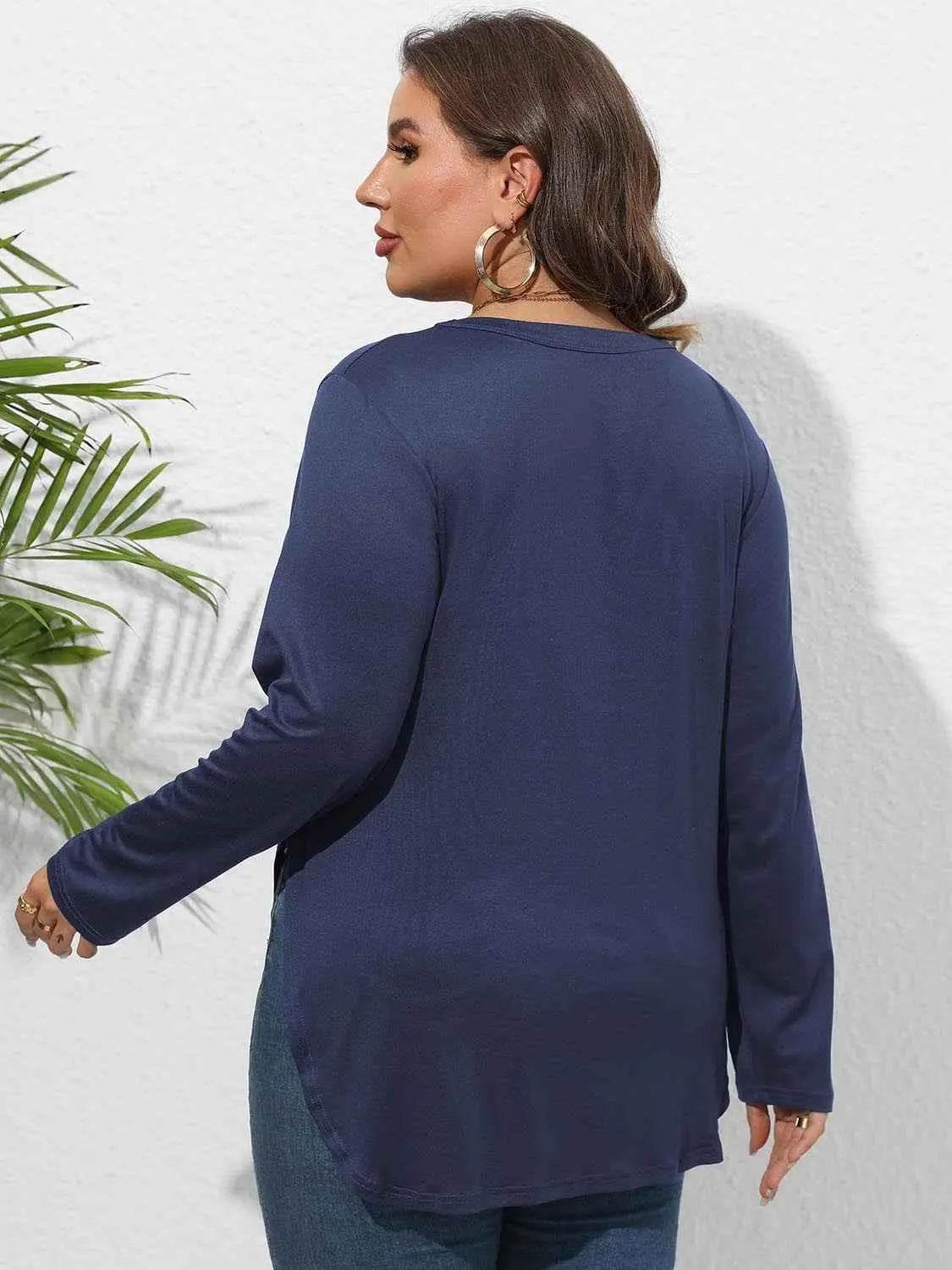 Plus Size Round Neck Long Sleeve Slit T-Shirt women Attire by Trendsi