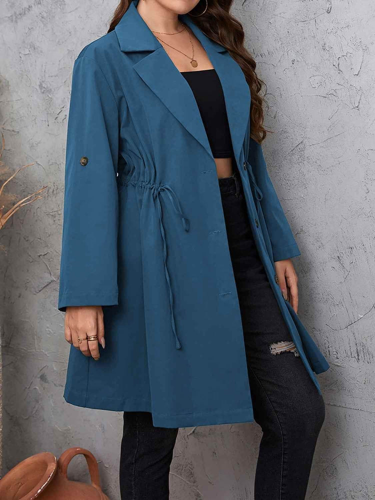 Honey Plus Size Lapel Collar Drawstring Roll-Tab Sleeve Trench Coat women Attire by Trendsi