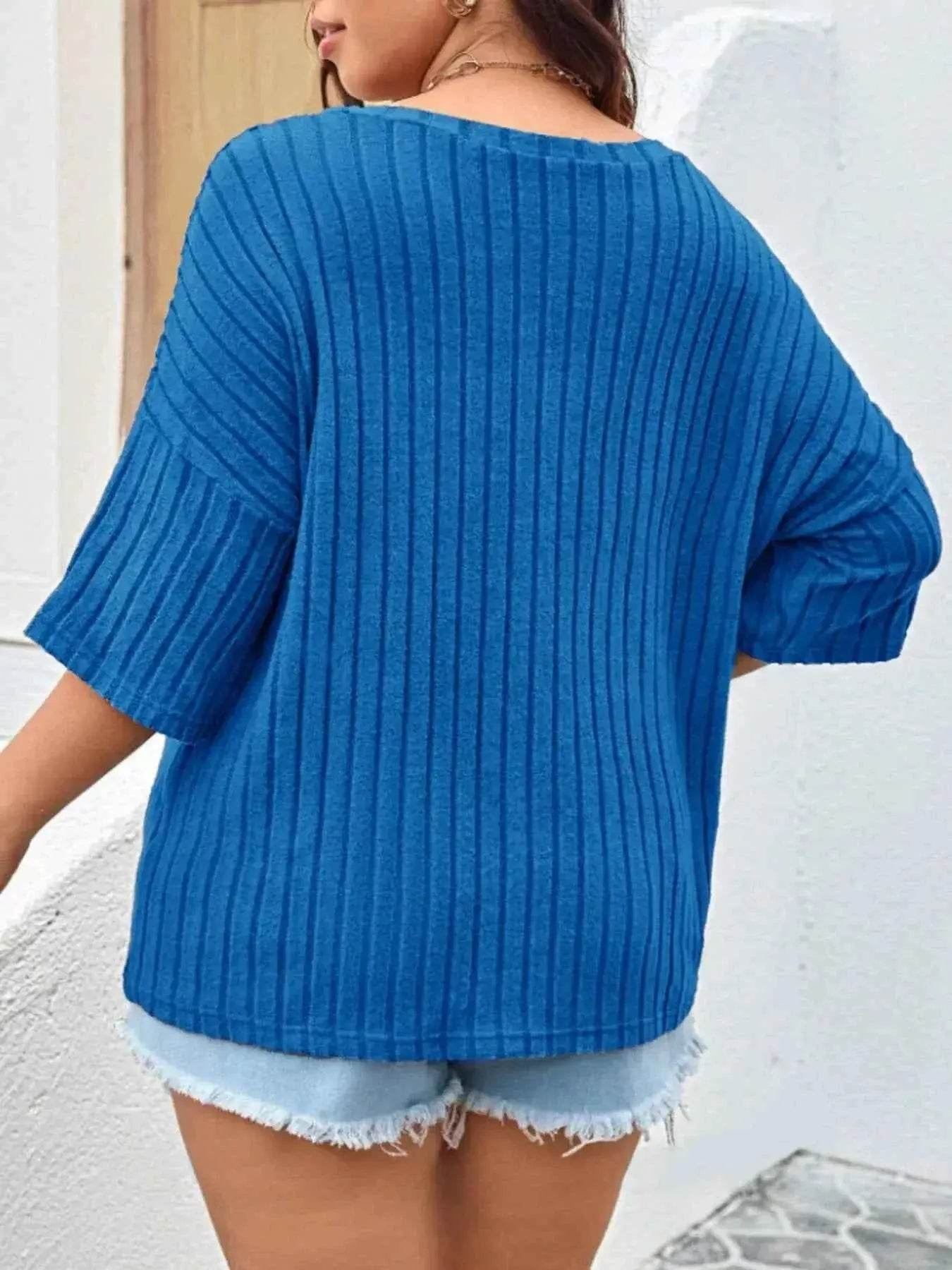Plus Size V-Neck Ribbed Knit T-Shirt women Attire by Trendsi
