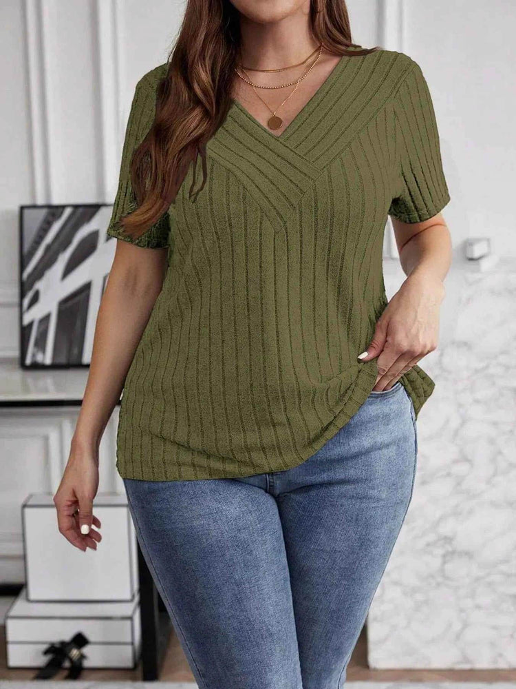 Plus Size V-Neck Short Sleeve Ribbed T-Shirt women Attire by Trendsi