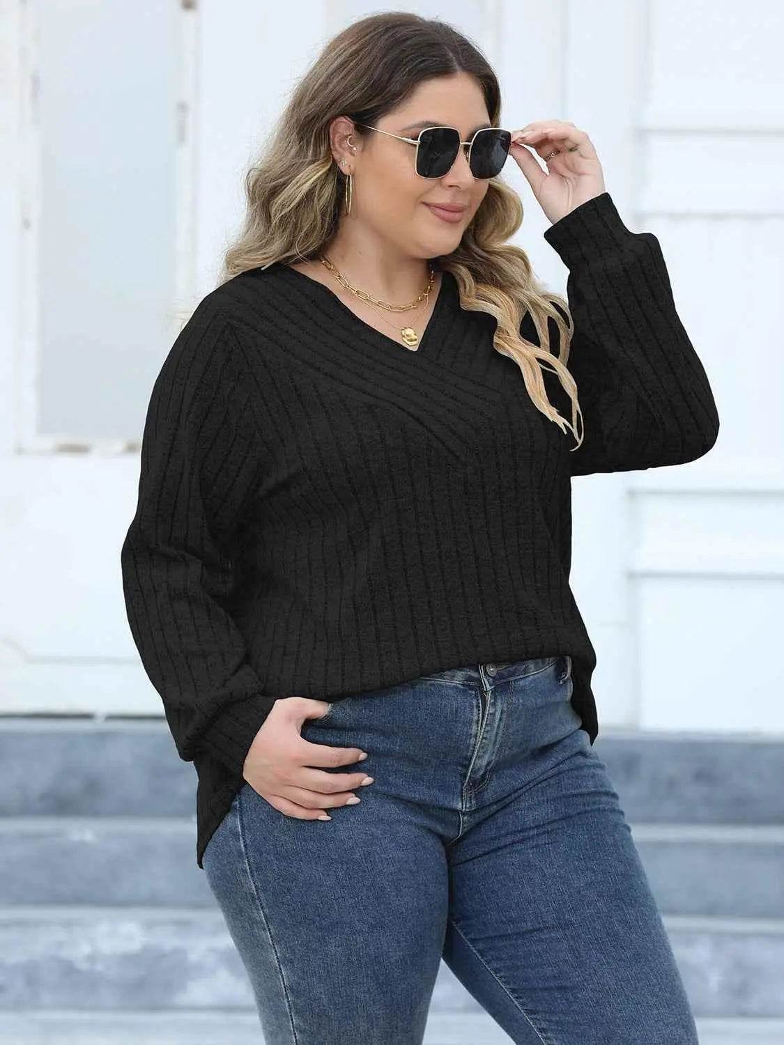 Plus Size Ribbed V-Neck Long Sleeve Top women Attire by Trendsi