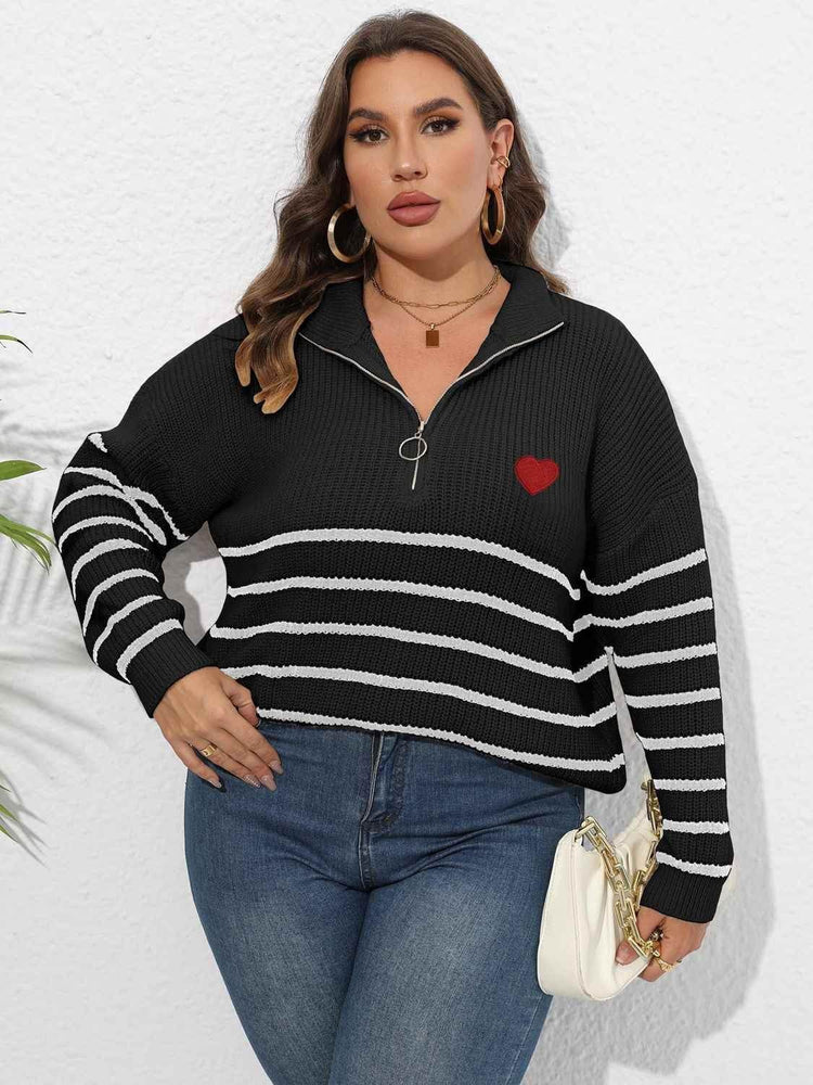 Plus Size Zip-Up Striped Sweater women Attire by Trendsi