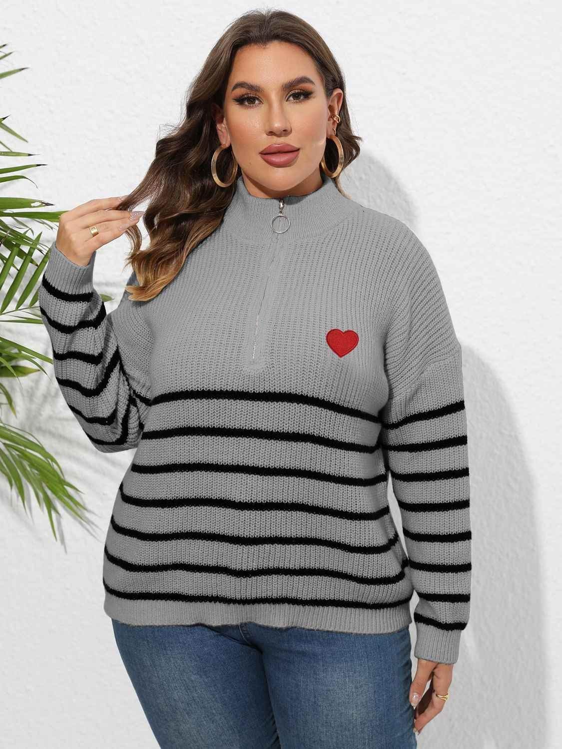 Plus Size Zip-Up Striped Sweater women Attire by Trendsi