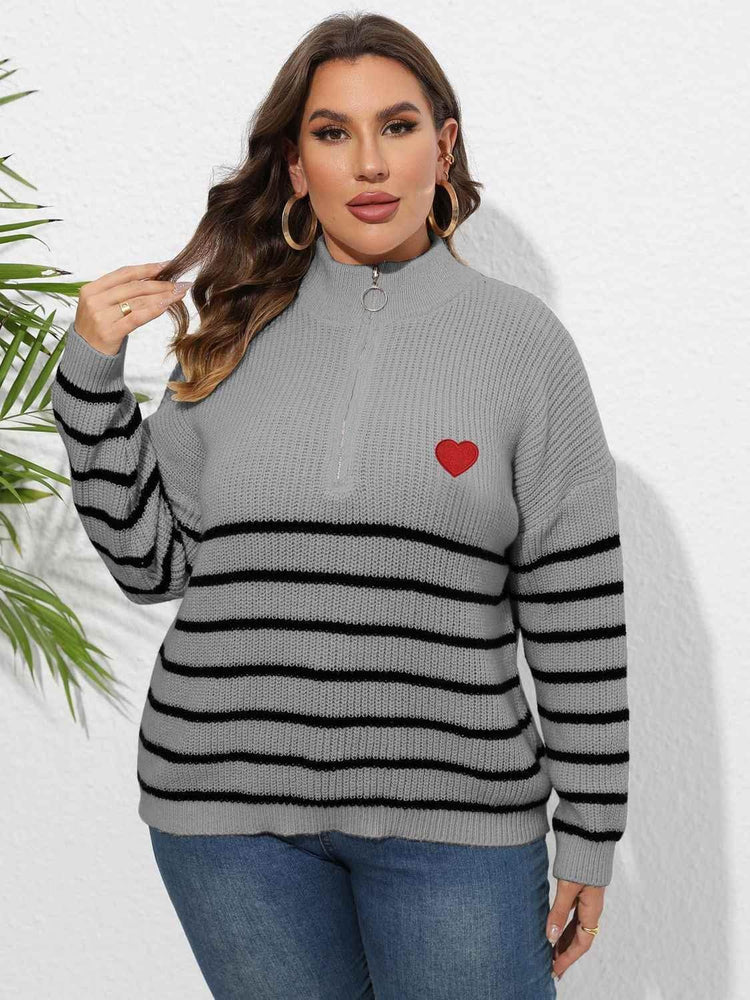 Plus Size Zip-Up Striped Sweater women Attire by Trendsi