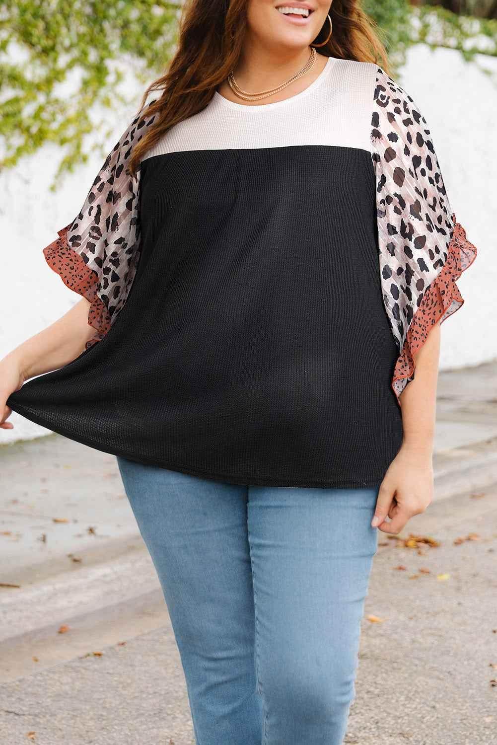 Plus Size Printed Color Block Ruffled Blouse women Attire by Trendsi
