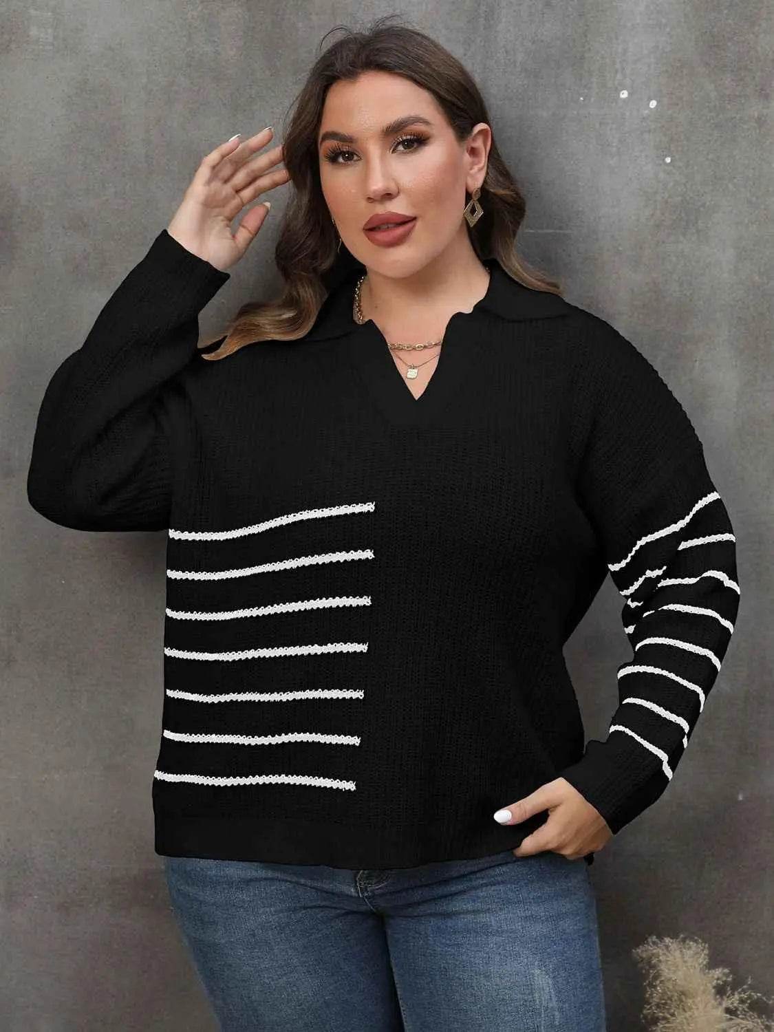 Plus Size Striped V-Neck Sweater women Attire by Trendsi