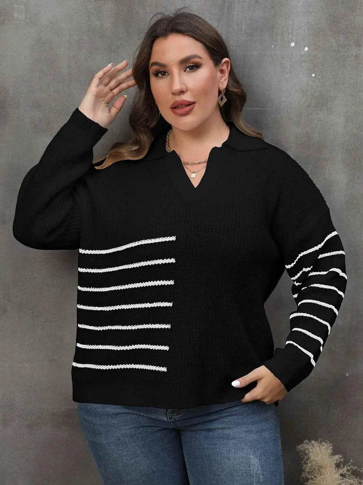 Plus Size Striped V-Neck Sweater women Attire by Trendsi