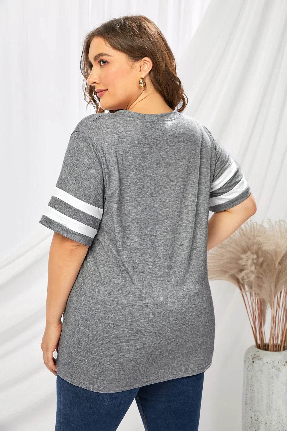Plus Size Striped V-Neck Tee Shirt women Attire by Trendsi