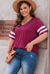 Plus Size Striped V-Neck Tee Shirt women Attire by Trendsi