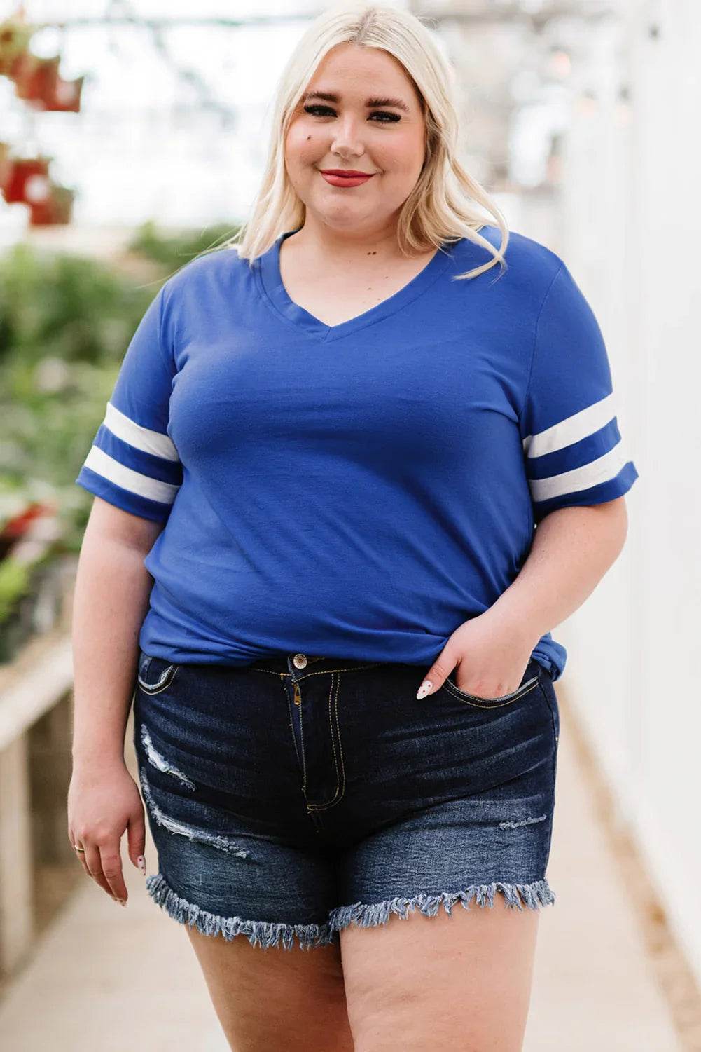 Plus Size Striped V-Neck Tee Shirt women Attire by Trendsi