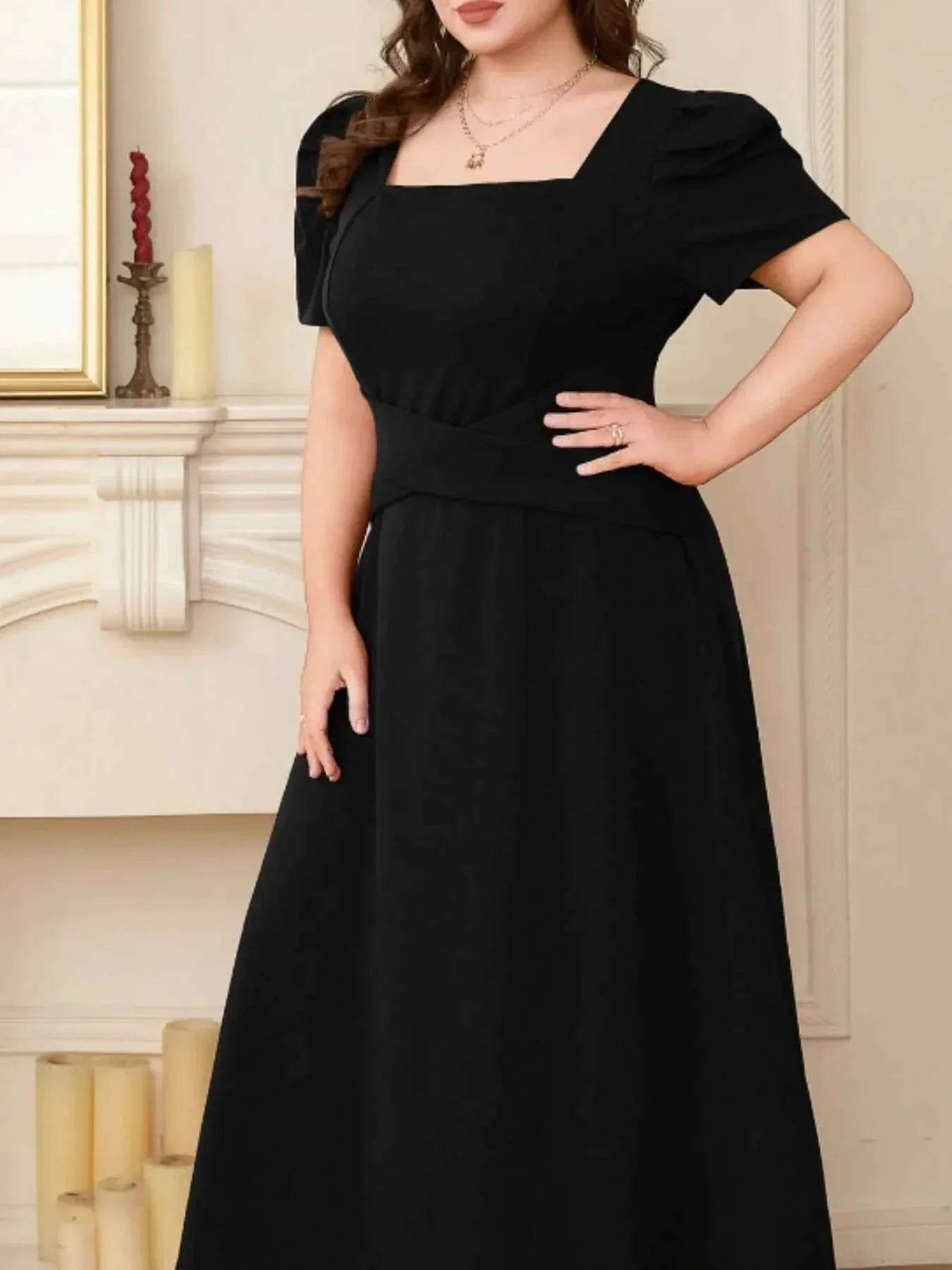 Plus Size Square Neck Puff Sleeve Midi Dress women Attire by Trendsi