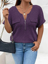 Plus Size Ribbed Half Zip Relaxed Fit T-Shirt women Attire by Trendsi