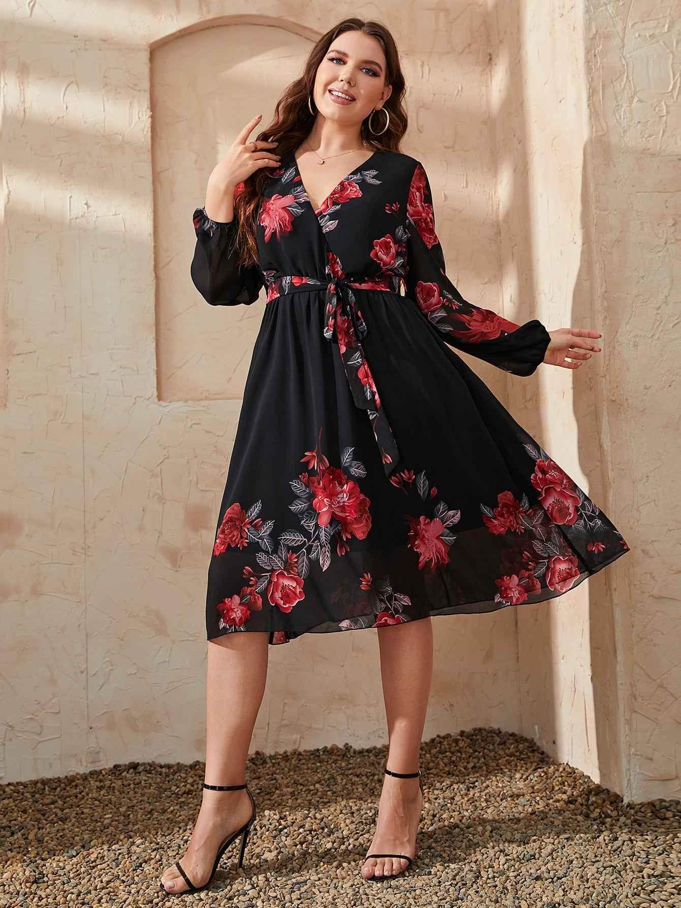 Honey Plus Size Floral Surplice Neck Tie Waist Dress women Attire by Trendsi