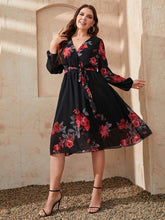 Honey Plus Size Floral Surplice Neck Tie Waist Dress women Attire by Trendsi
