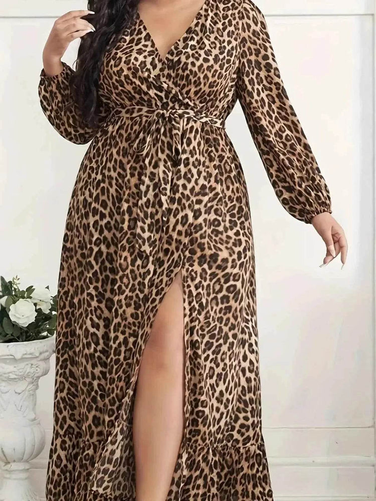 Plus Size Leopard Print Surplice Maxi Dress women Attire by Trendsi