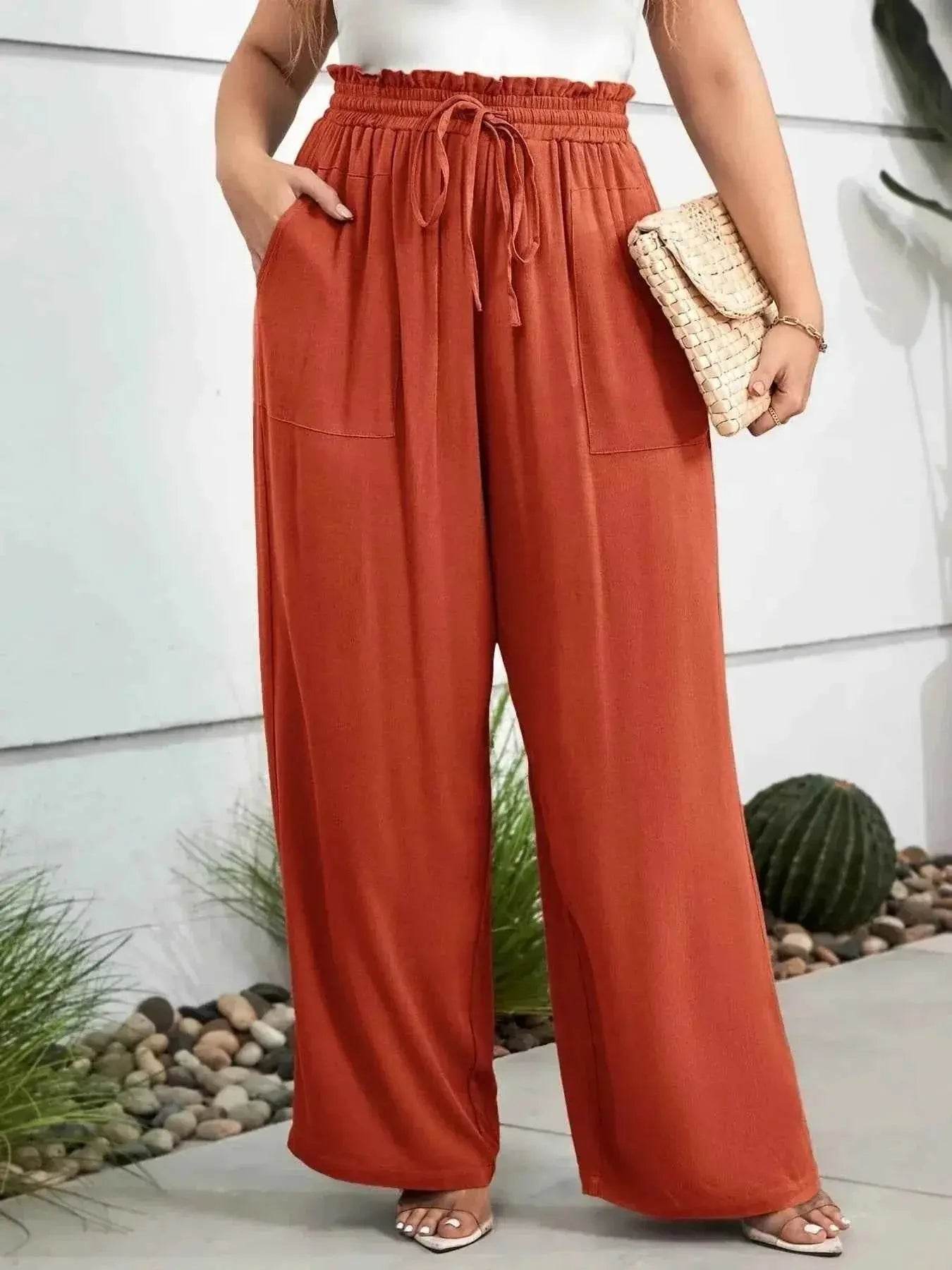 Plus Size High Waist Wide Leg Drawstring Pants women Attire by Trendsi
