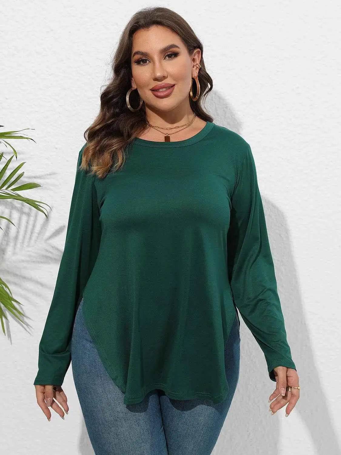 Plus Size Round Neck Long Sleeve Slit T-Shirt women Attire by Trendsi