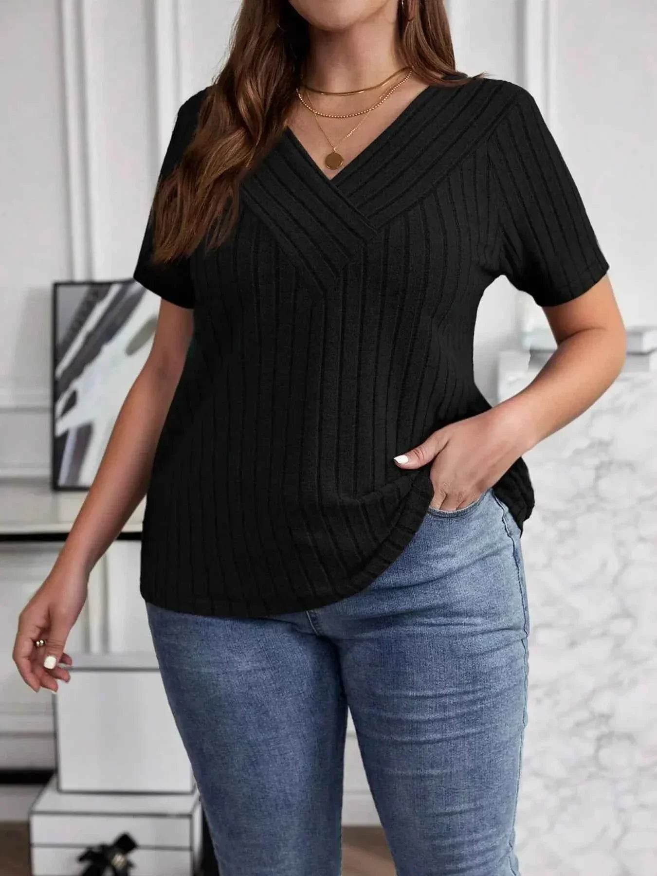 Plus Size V-Neck Short Sleeve Ribbed T-Shirt women Attire by Trendsi