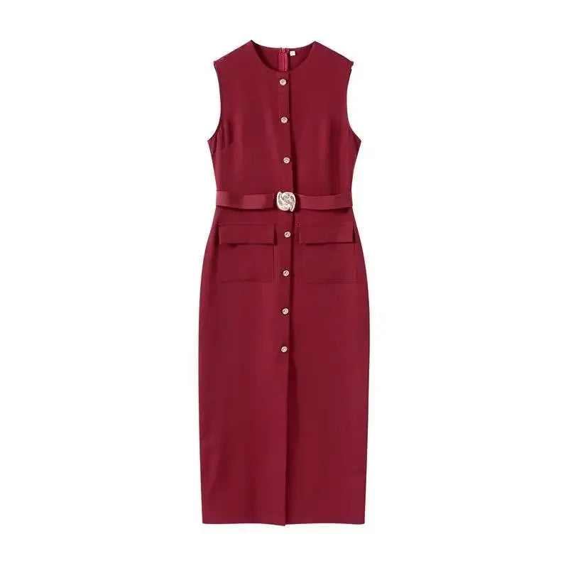 Elegant Black With Belt Women Dress O-neck Sleeveless Single Breasted Slim Female Maxi Dresses 2025 Summer New Chic Lady Robe women&
