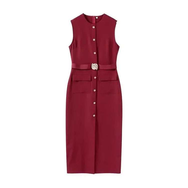 Elegant Black With Belt Women Dress O-neck Sleeveless Single Breasted Slim Female Maxi Dresses 2025 Summer New Chic Lady Robe women&