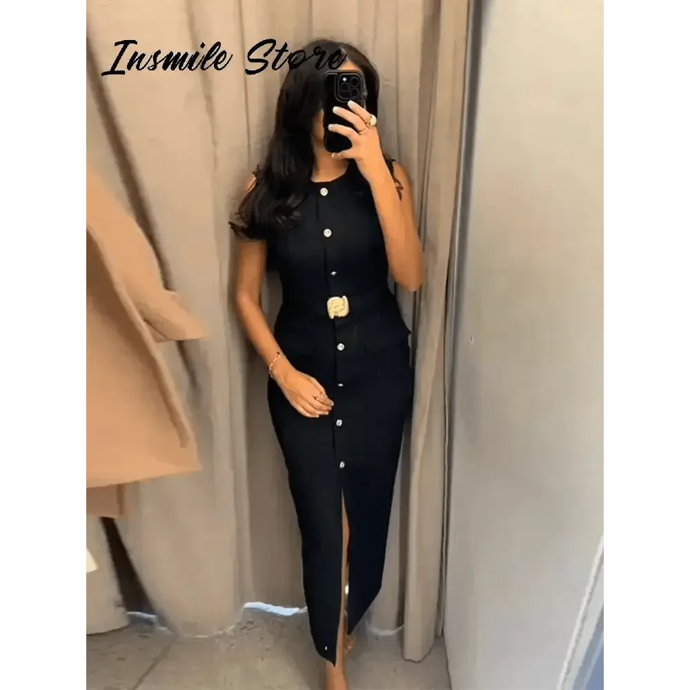 Elegant Black With Belt Women Dress O-neck Sleeveless Single Breasted Slim Female Maxi Dresses 2025 Summer New Chic Lady Robe women&