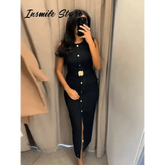 Elegant Black With Belt Women Dress O-neck Sleeveless Single Breasted Slim Female Maxi Dresses 2025 Summer New Chic Lady Robe women&