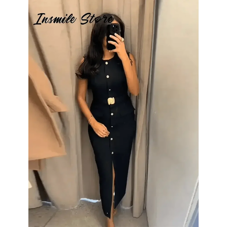 Elegant Black With Belt Women Dress O-neck Sleeveless Single Breasted Slim Female Maxi Dresses 2025 Summer New Chic Lady Robe women&