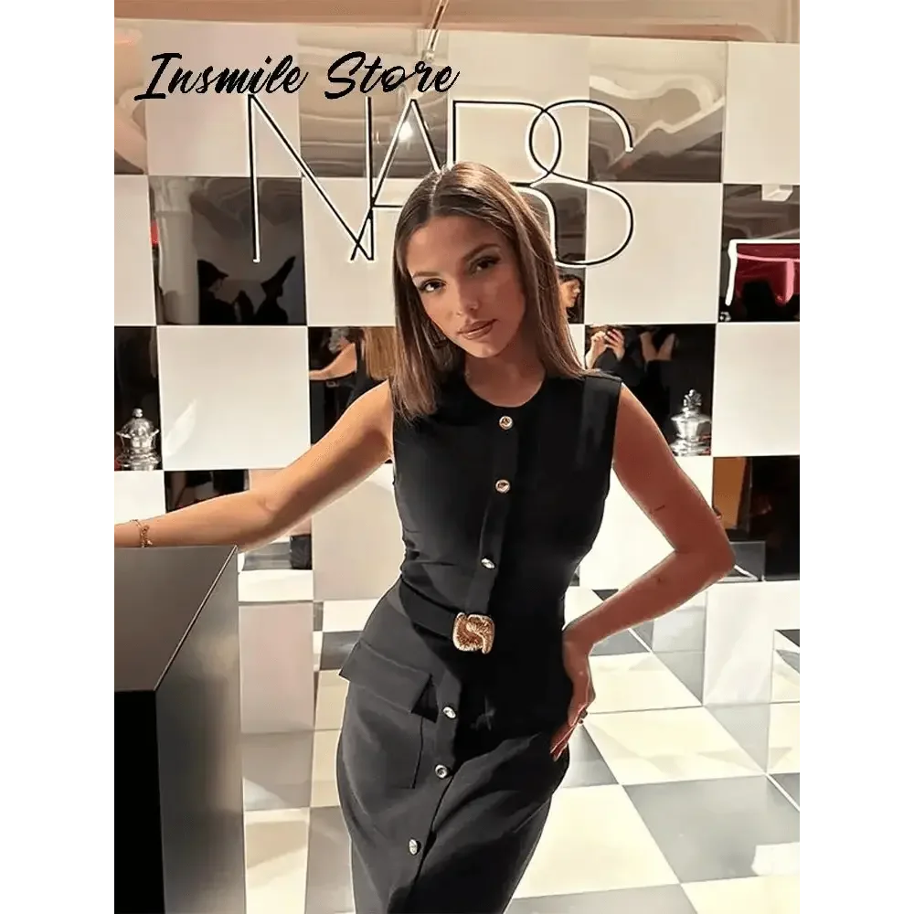 Elegant Black With Belt Women Dress O-neck Sleeveless Single Breasted Slim Female Maxi Dresses 2025 Summer New Chic Lady Robe women&