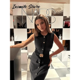 Elegant Black With Belt Women Dress O-neck Sleeveless Single Breasted Slim Female Maxi Dresses 2025 Summer New Chic Lady Robe women&